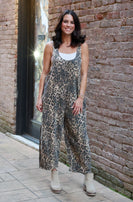 Easel Leopard Twill Barrel Leg Jumpsuit in Animal