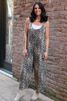 Easel Leopard Twill Barrel Leg Jumpsuit in Animal