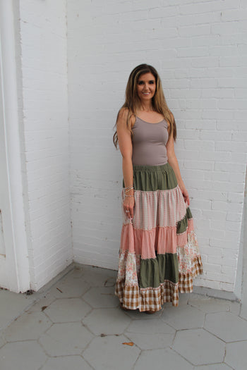 Easel Mixed Print Patchwork Maxi Skirt in Olive