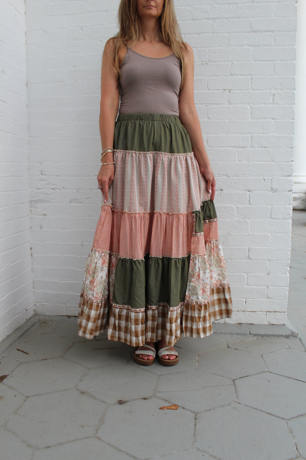 Easel Mixed Print Patchwork Maxi Skirt in Olive