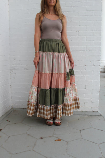 Easel Mixed Print Patchwork Maxi Skirt in Olive – June Adel