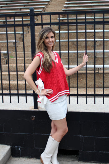 Le Lis Knit Sweater Vest with Bow Tie Sides in Red-White