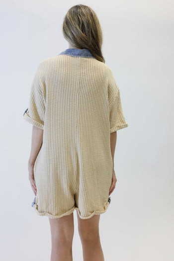 J.nna Solid Color Waffle Knit Romper with Contrasting Denim Trim in Taupe