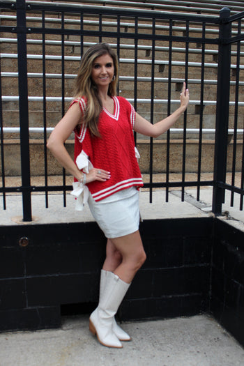 Le Lis Knit Sweater Vest with Bow Tie Sides in Red-White