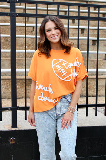 Peach Love OVERSIZED Top with Embroidered Thread Touch Down and Football Top in Orange