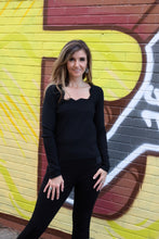 Load image into Gallery viewer, So Me FITTED Knit Sweater Top with Scalloped Neckline in Black
