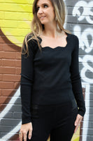 So Me FITTED Knit Sweater Top with Scalloped Neckline in Black