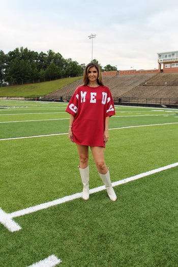 Peach Love OVERSIZED Tee Dress with Sequin GAME DAY Patched Front in Crimson