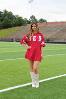 Peach Love OVERSIZED Tee Dress with Sequin GAME DAY Patched Front in Crimson