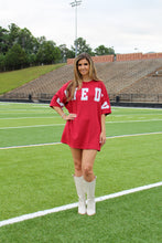 Load image into Gallery viewer, Peach Love OVERSIZED Tee Dress with Sequin GAME DAY Patched Front in Crimson
