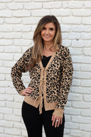 Cozy Co. Leopard Print Tie Front Cardigan in Caramel