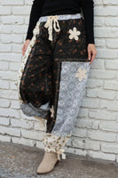 POL Mixed Patchwork Joggers with Crochet Flower Patches in Black Multi