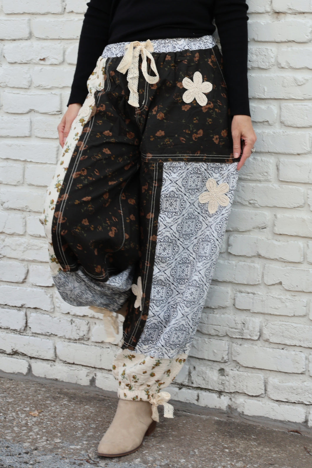 POL Mixed Patchwork Joggers with Crochet Flower Patches in Black Multi
