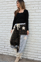 POL Mixed Patchwork Joggers with Crochet Flower Patches in Black Multi
