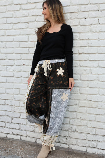 POL Mixed Patchwork Joggers with Crochet Flower Patches in Black Multi