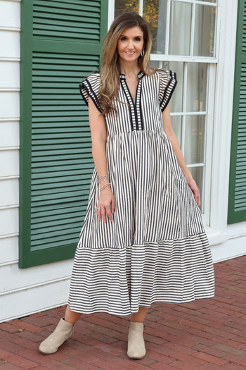 Entro A-Line Contrasting Striped Maxi Dress in Black