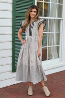 Entro A-Line Contrasting Striped Maxi Dress in Black