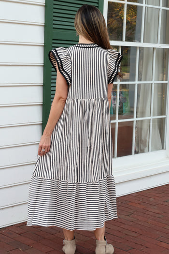 Entro A-Line Contrasting Striped Maxi Dress in Black
