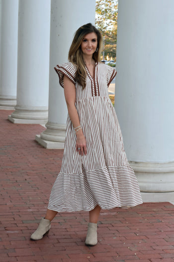 Entro A-Line Contrasting Striped Maxi Dress in Brown S Entro A-Line Contrasting Striped Maxi Dress in Brown S