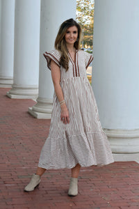 brown and black striped maxi dress Entro A-Line Contrasting Striped Maxi Dress in Brown S