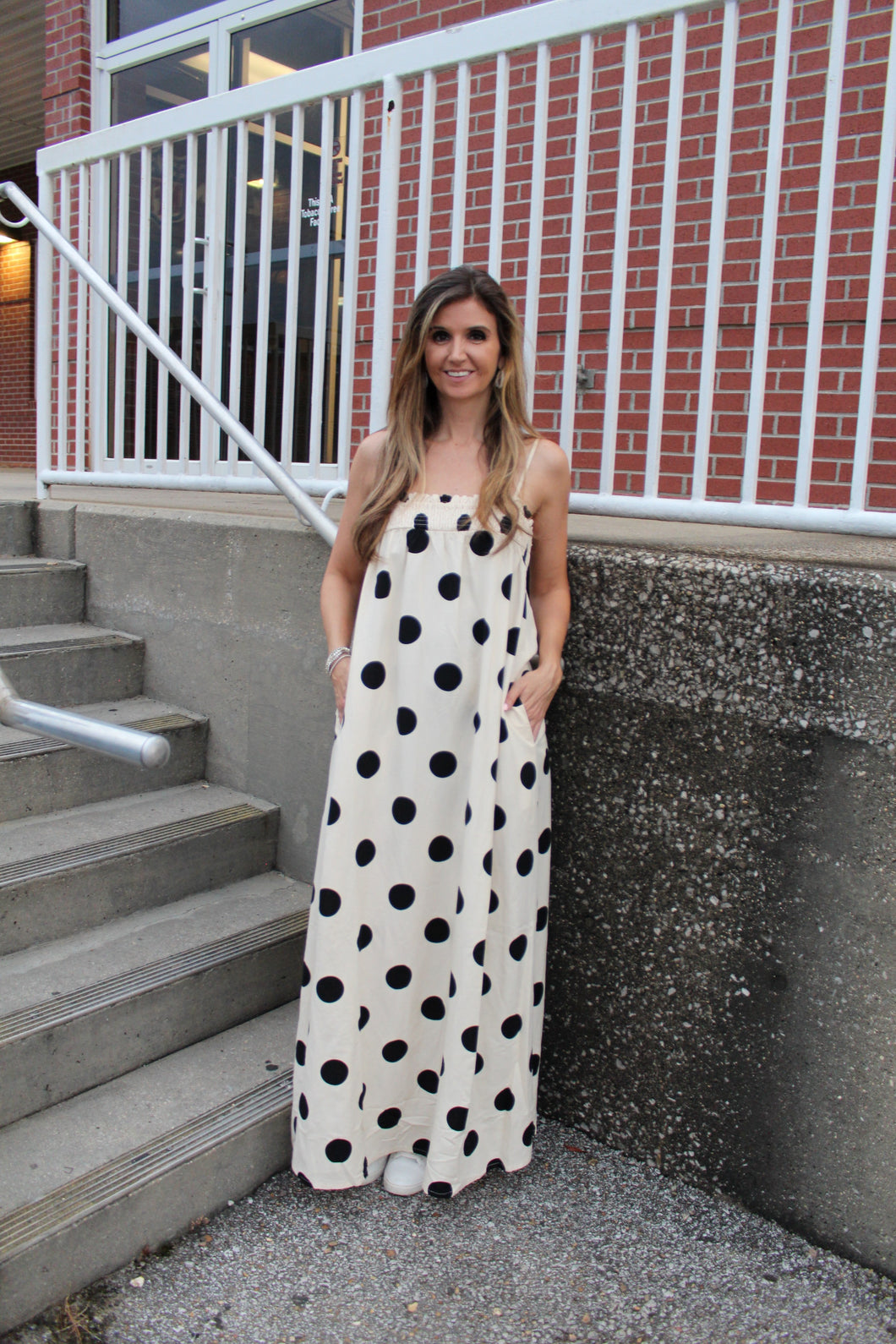 Things Between Linen Blend Polka Dot Maxi Dress in Cream
