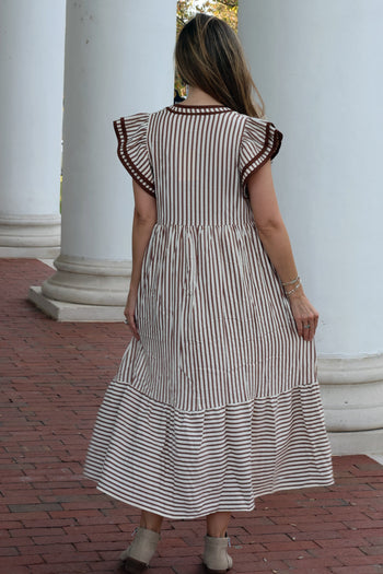 Entro A-Line Contrasting Striped Maxi Dress in Brown