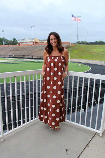 Things Between Linen Blend Polka Dot Maxi Dress in Brown M Things Between Linen Blend Polka Dot Maxi Dress in Brown M
