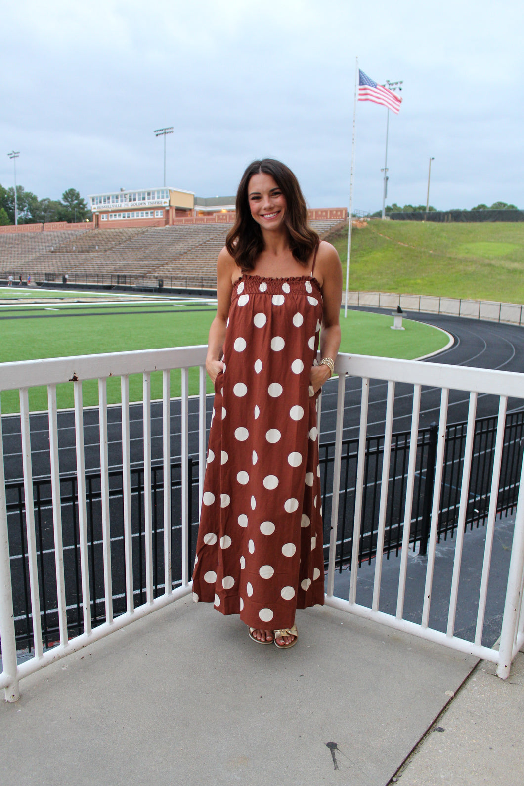 Things Between Linen Blend Polka Dot Maxi Dress in Brown