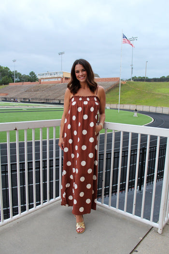 Things Between Linen Blend Polka Dot Maxi Dress in Brown M Things Between Linen Blend Polka Dot Maxi Dress in Brown M