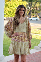 J.nna Mixed Print Mini Dress in Beige Gold