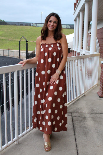 Things Between Linen Blend Polka Dot Maxi Dress in Brown M Things Between Linen Blend Polka Dot Maxi Dress in Brown M