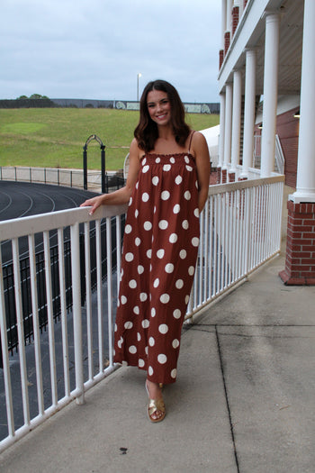 Things Between Linen Blend Polka Dot Maxi Dress in Brown M Things Between Linen Blend Polka Dot Maxi Dress in Brown M
