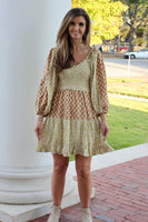 J.nna Mixed Print Mini Dress in Beige Gold