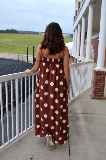Things Between Linen Blend Polka Dot Maxi Dress in Brown M Things Between Linen Blend Polka Dot Maxi Dress in Brown M