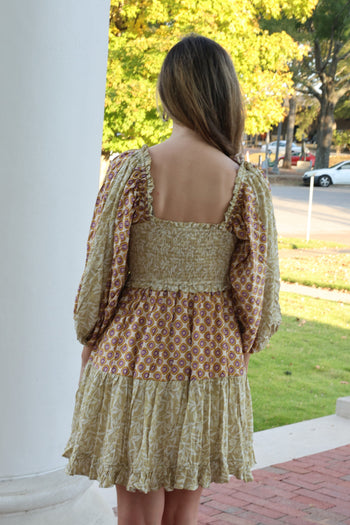 J.nna Mixed Print Mini Dress in Beige Gold