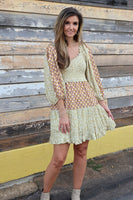 J.nna Mixed Print Mini Dress in Beige Gold