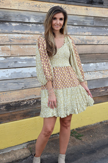 J.nna Mixed Print Mini Dress in Beige Gold