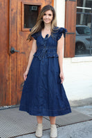 FATE Washed Denim Maxi Dress with Ruffle and Bow Details in Dark Denim