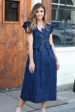 Load image into Gallery viewer, FATE Washed Denim Maxi Dress with Ruffle and Bow Details in Dark Denim
