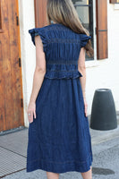 FATE Washed Denim Maxi Dress with Ruffle and Bow Details in Dark Denim