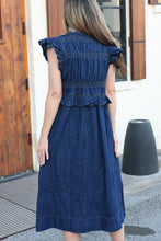 Load image into Gallery viewer, FATE Washed Denim Maxi Dress with Ruffle and Bow Details in Dark Denim
