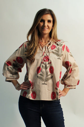 Entro A-Line Floral Print Ecru Top