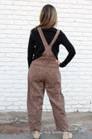 Sunday Edition Leopard Print Barrel Leg Overalls in Mocha-Brown Animal