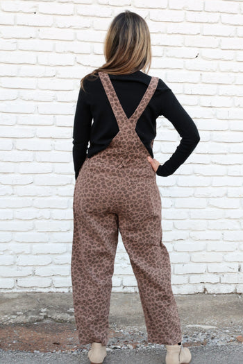 Sunday Edition Leopard Print Barrel Leg Overalls in Mocha-Brown Animal