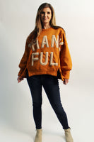 LovLov Solid Color French Terry Sweatshirt with THANKFUL Fleece Letter Patched Front in Rust