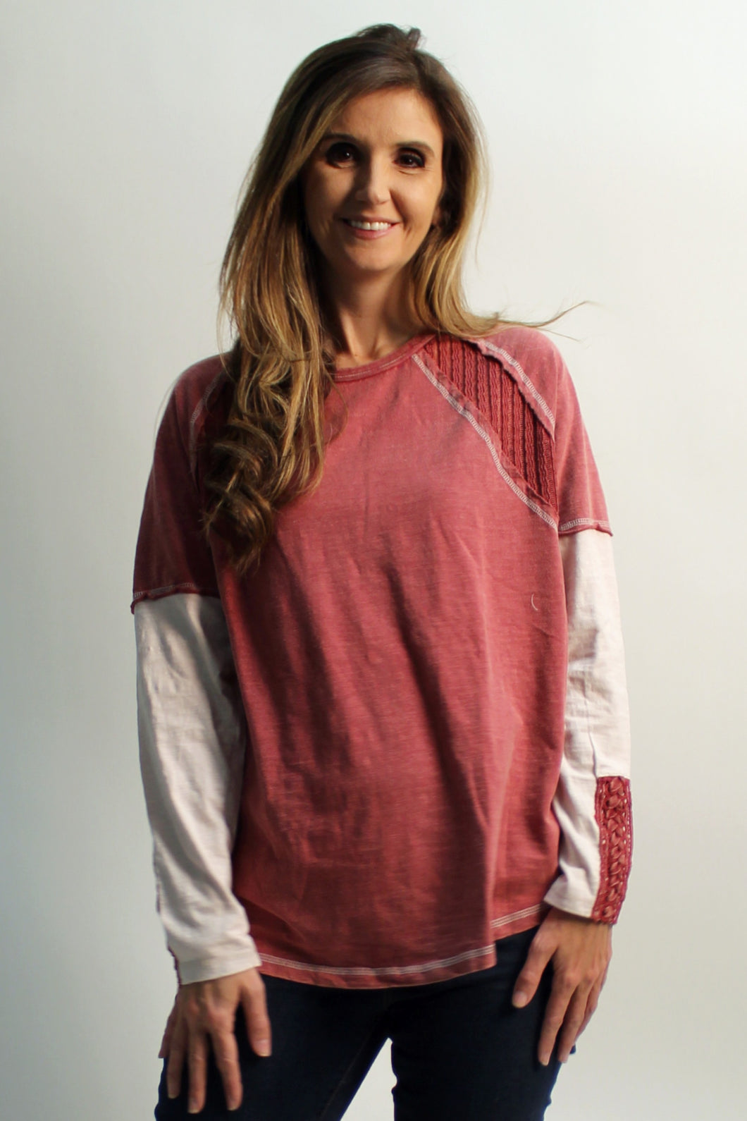 Easel Mineral Washed Color Mix Top in Boho Red