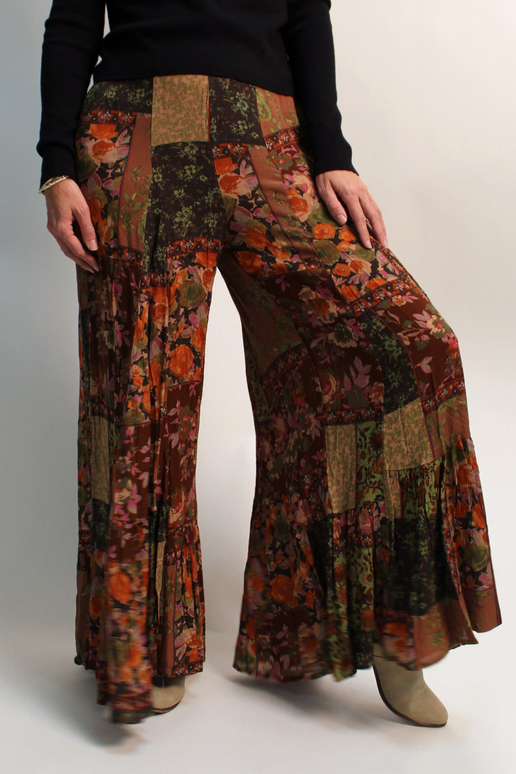 Easel Patchwork Mixed Printed Palazzo Pants in Olive