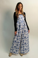 BiBi Mineral Washed Denim Rose Print Wide Leg Jumpsuit in Ivory/Blue
