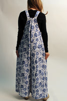 BiBi Mineral Washed Denim Rose Print Wide Leg Jumpsuit in Ivory/Blue