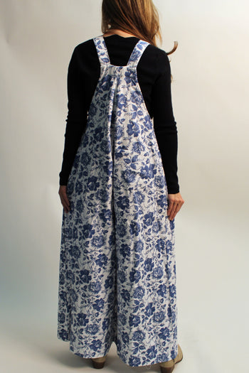 BiBi Mineral Washed Denim Rose Print Wide Leg Jumpsuit in Ivory/Blue
